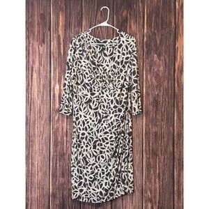 Lauren Ralph Lauren Dress Womens 18W Black White Leaf Print Ruched Wrap Elastane